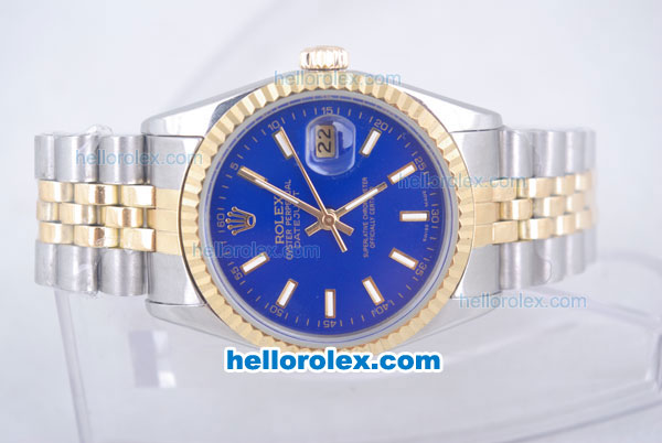Rolex Datejust Oyster Perpetual Automatic Gold Bezel with Blue Dial and Linear Marking-Small Calendar - Click Image to Close